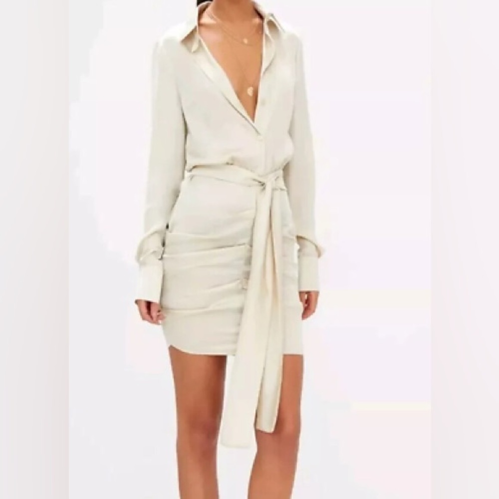 BNWT Pretty Little Thing Champagne Satin Ruched Shirt Dress